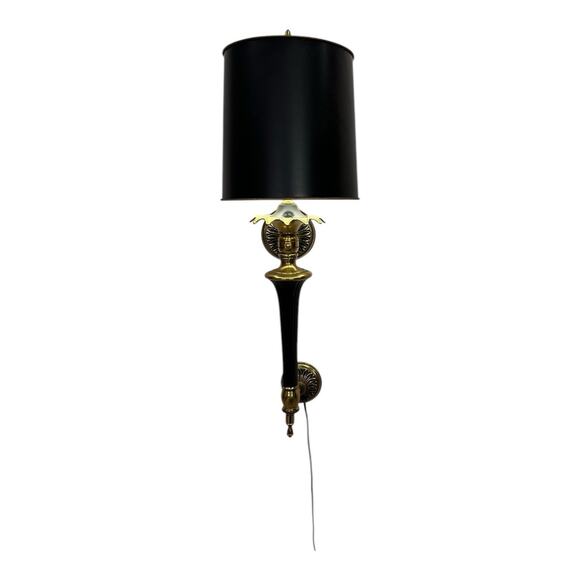 Hollywood Regency MCM Wall Sconce Lamp Gold & Black w Black Shade Tested EUC - Picture 3 of 14